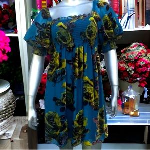 Betsey Johnson Teal Floral Velvet Tunic Top Babydoll Dress